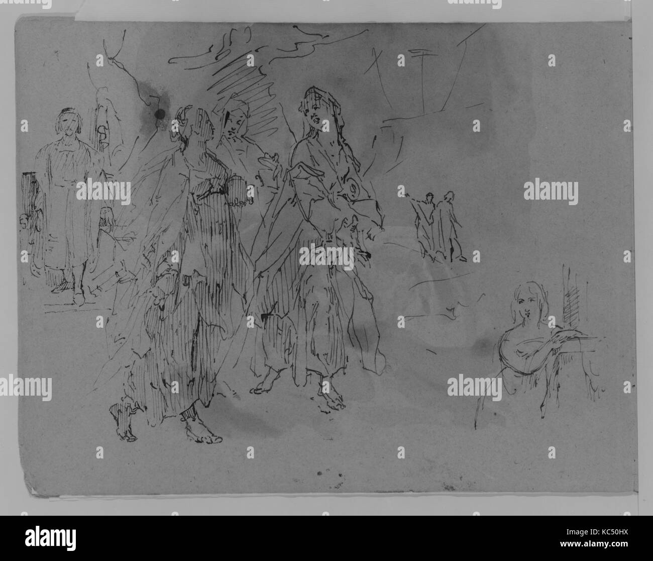 Sette cifre: avanzare Monarch, tre donne Promenading, mezza lunghezza donna appoggiato su di un mantelpiece (da Sketchbook Foto Stock
