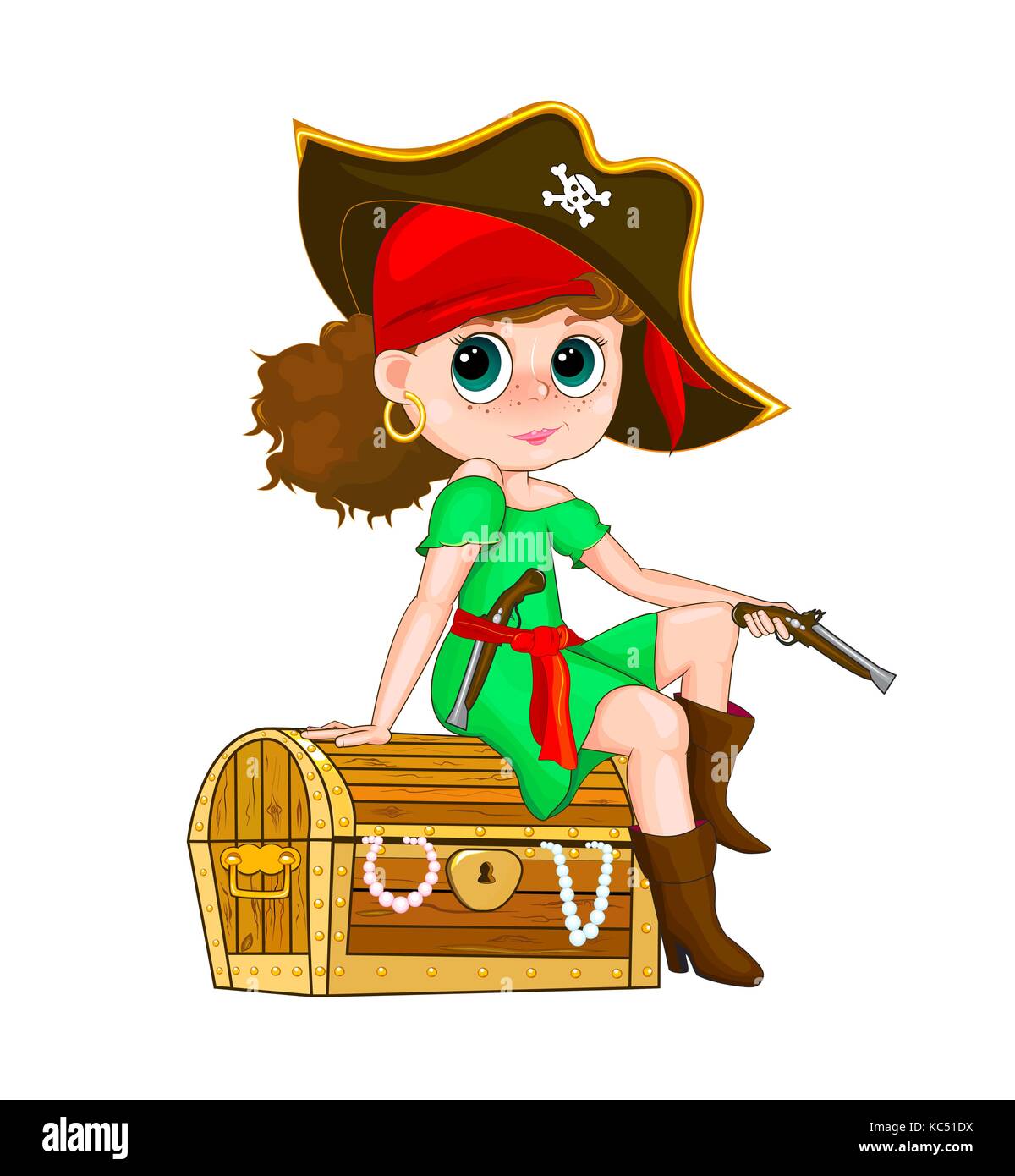Ragazza pirata. ragazza in costume di un pirata seduti su un tesoro. Illustrazione Vettoriale