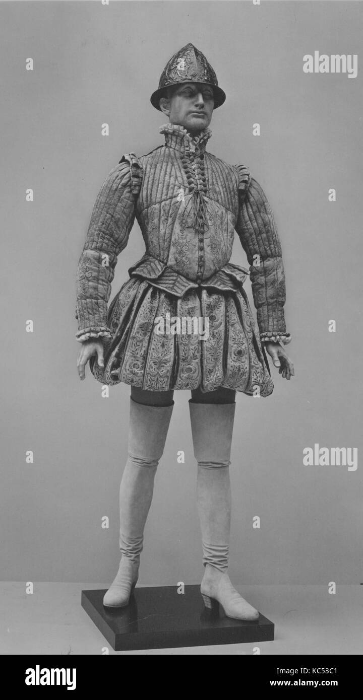 Doppietto di scherma, ca. 1580, dell'Europa occidentale, pelle, seta, lino, cotone, costumi, questo doppietto è un raro esempio di sedicesimo Foto Stock