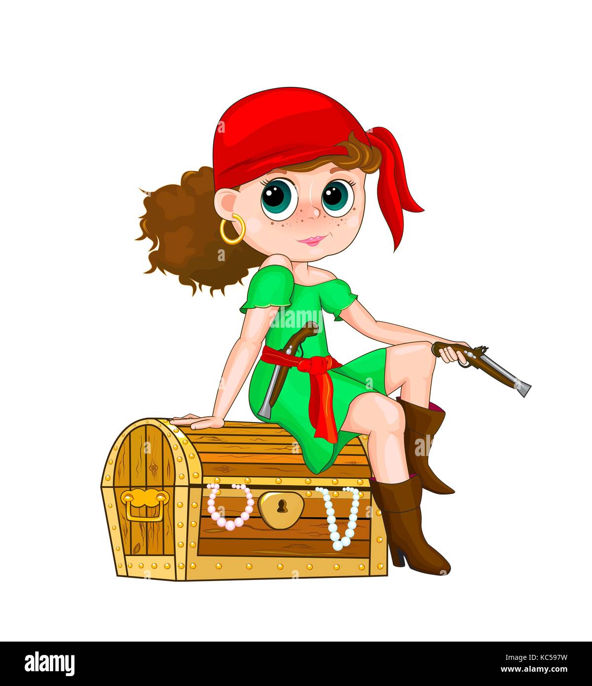 Bambina pirata. ragazza in costume di un pirata seduti su un tesoro. Illustrazione Vettoriale