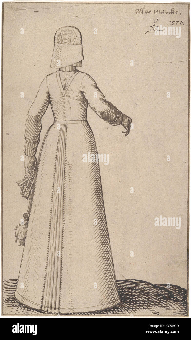 Una donna dalla sentenza Altmark, 1570, a penna e inchiostro bruno; linee di delimitazione in inchiostro marrone, complessivo: 9 1/4 x 5 1/2 in. (23,5 x 14 cm), disegni Foto Stock