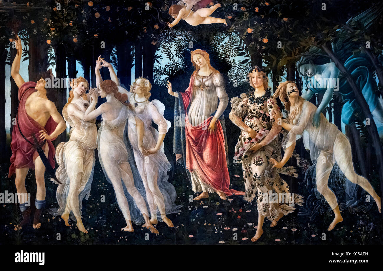 Botticelli Primavera. La Primavera (Primavera) dell'artista rinascimentale, Sandro Botticelli (Alessandro di Mariano di Vanni Filipepi, ca. 1445-1510) tempera su legno, ca. 1480 Foto Stock