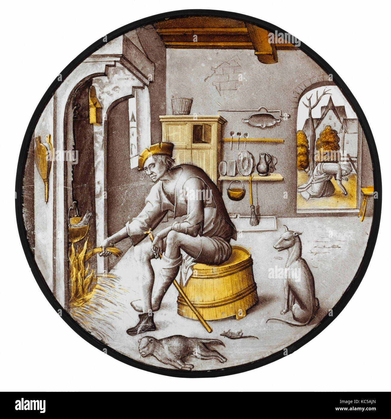 Sorgheloos ("Carefree') in povertà, 1510-20, Netherlandish, vetro incolore, vernice vetrosa e silver stain, complessivo: 8 7/8 in Foto Stock