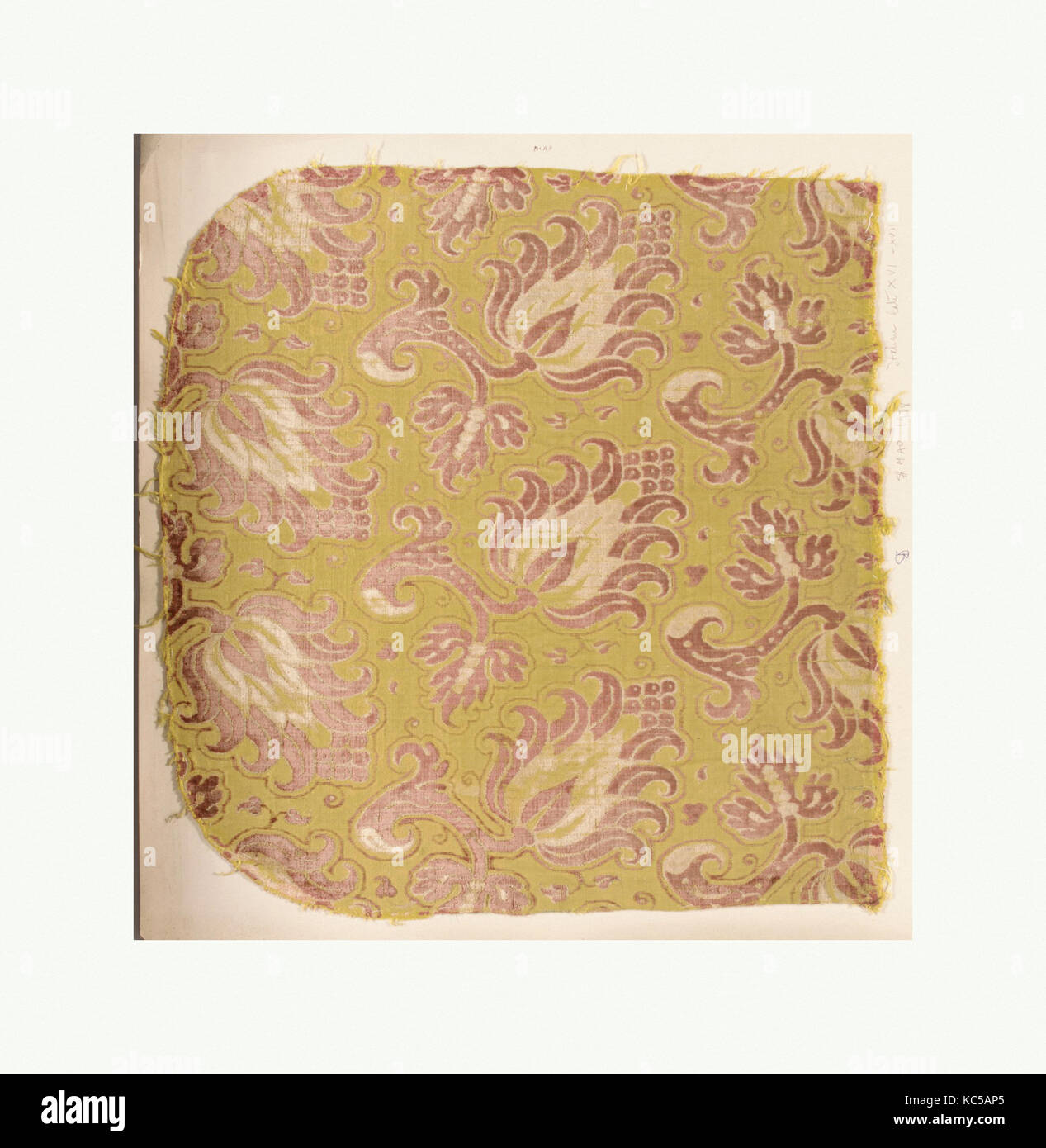 Un frammento, 16th-XVII secolo, Italiano, seta, complessivo: 16 3/4 x 17 1/2 in. (42,5 x 44,5 cm), Textiles-Velvets Foto Stock