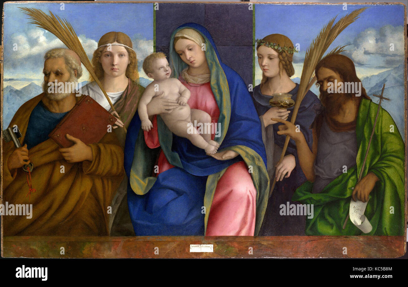 Madonna con Bambino e Santi, tempera e Olio su legno, 38 1/4 x 60 1/2 in. (97,2 x 153,7 cm), dipinti di Giovanni Bellini Foto Stock