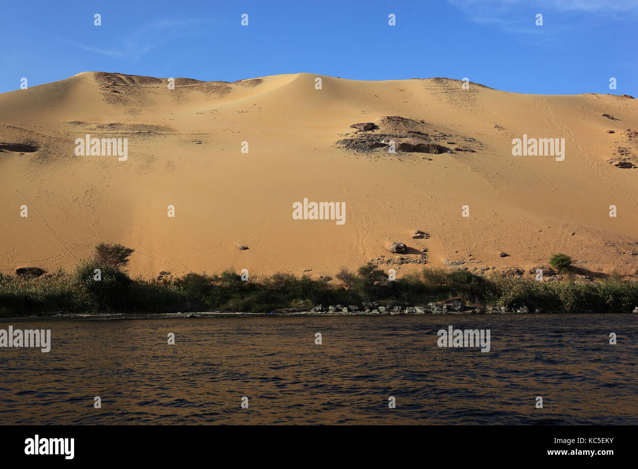 Paesaggio lungo il Nilo tra Assuan e nubian villaggi, Isola Elefantina, Alto Egitto, Africa Foto Stock