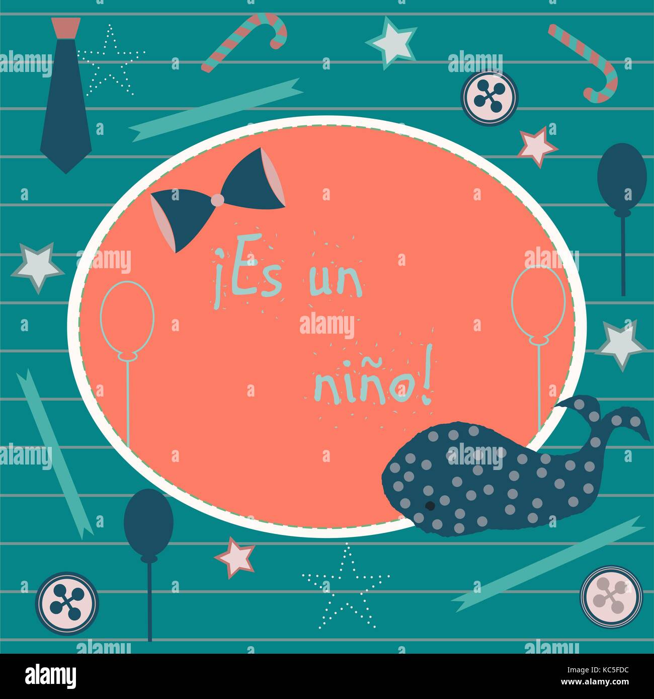 'Es onu nino' significa 'è un ragazzo" in lingua spagnola. baby boy annuncio di nascita. carino balena blu annuncia l arrivo di un bimbo. Da bambino doccia sol Illustrazione Vettoriale