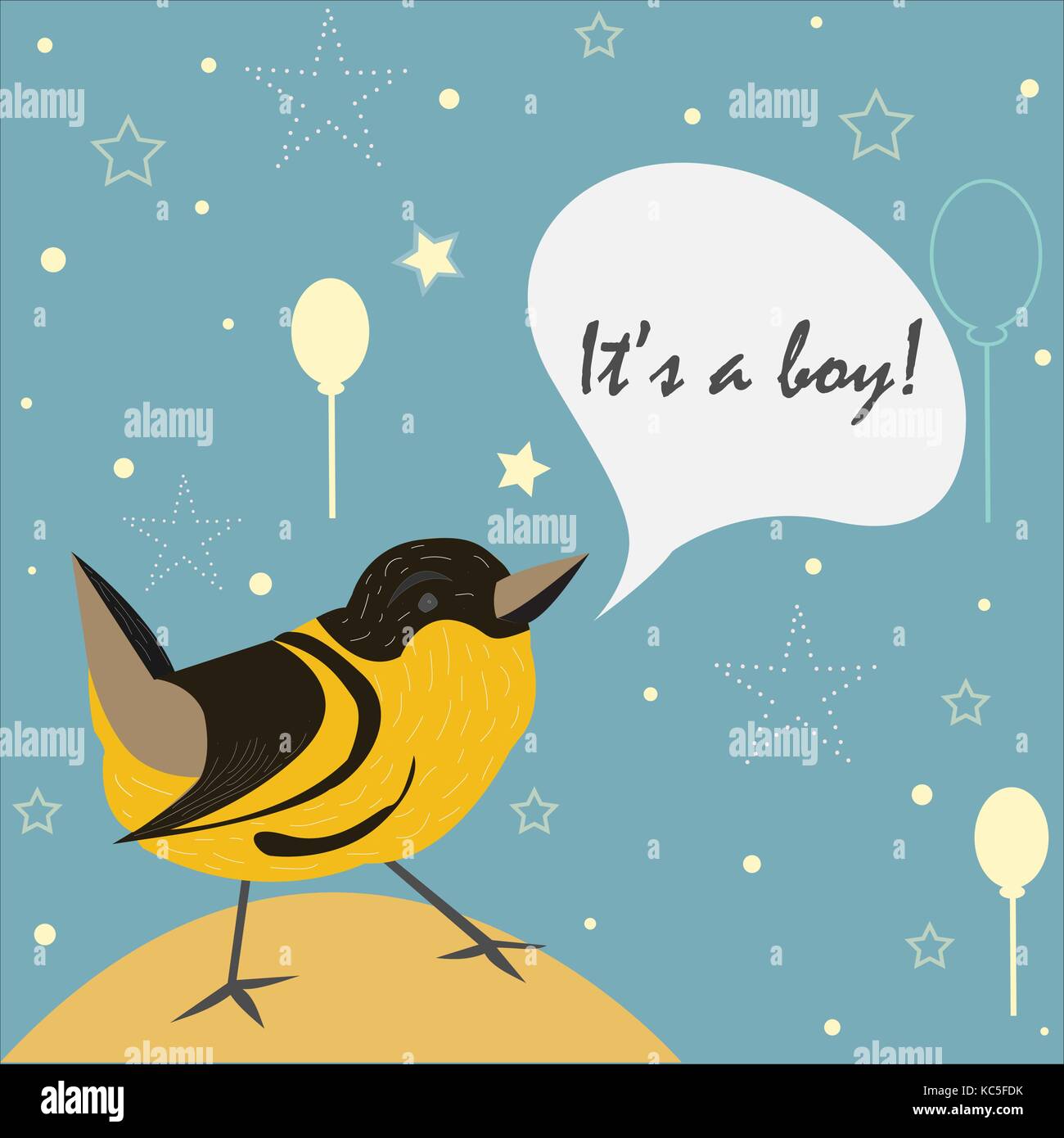 Baby boy annuncio di nascita. simpatico uccello annuncia l arrivo di un bambino Illustrazione Vettoriale
