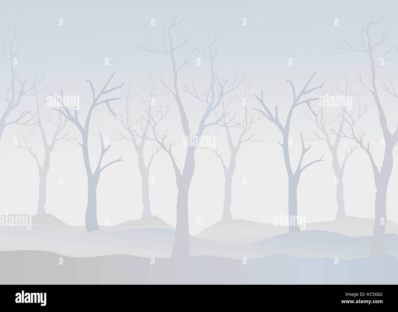 Inverno alberi sfondo. paesaggio invernale con alberi, nebbia. nuvoloso nebbioso giorno.illustrazione vettoriale Illustrazione Vettoriale