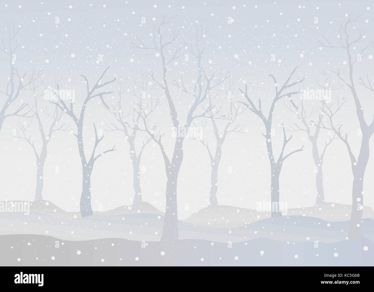 Inverno alberi sfondo. paesaggio invernale con alberi, nebbia. nuvoloso nebbioso giorno.illustrazione vettoriale Illustrazione Vettoriale
