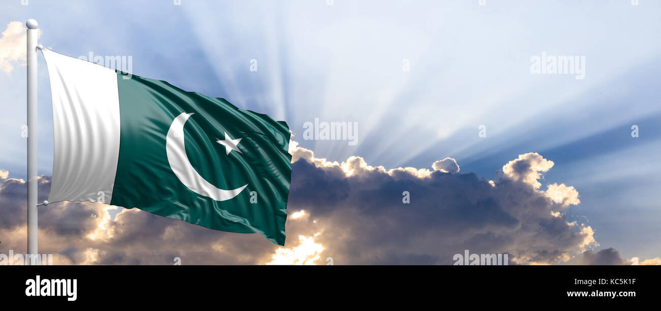 Il pakistan sventola bandiera sul cielo blu. 3d illustrazione Foto Stock