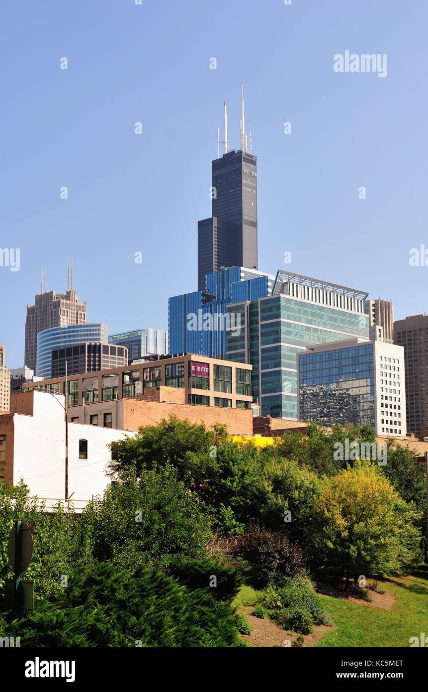 Chicago, Illinois, Stati Uniti d'America. La Willis Tower (precedentemente la Sears Tower) che sovrasta i suoi vicini. Foto Stock