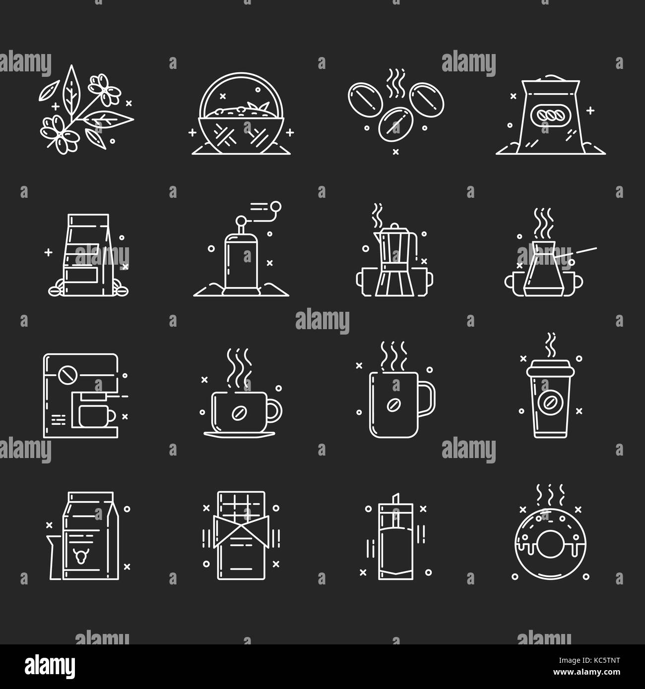 Icone vettoriali set di produzione di caffè e di uso che include la raccolta del caffè in grani, ordinarle, archiviazione e utilizzo, anche l'utilizzo di un caffè b Illustrazione Vettoriale