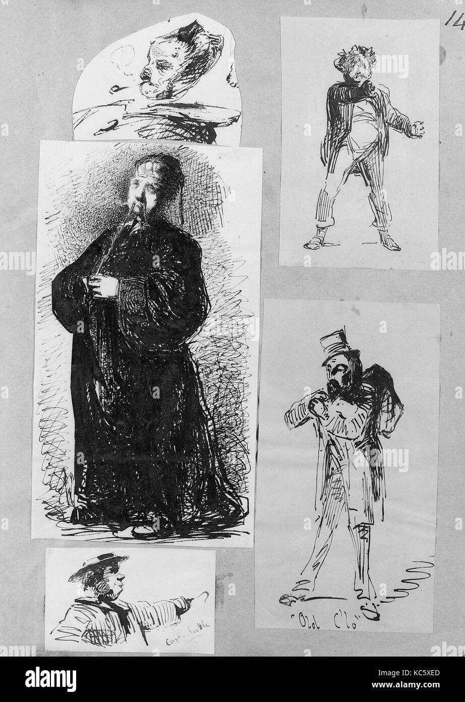 Album, 1854-55, disegni a penna e inchiostro, grafite, gouache e gesso nero su bianco e tonico e intessuta di cui carta coperchio; Foto Stock