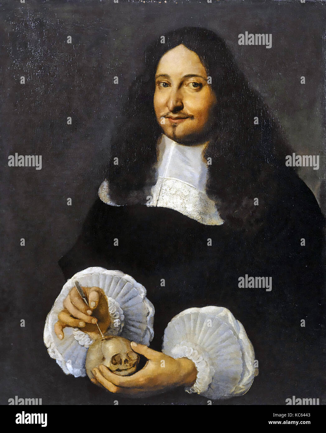 Marcello MALPIGHI (1628-1694) medico e biologo italiano con il cranio di un bambino. Artista sconosciuto. Foto Stock