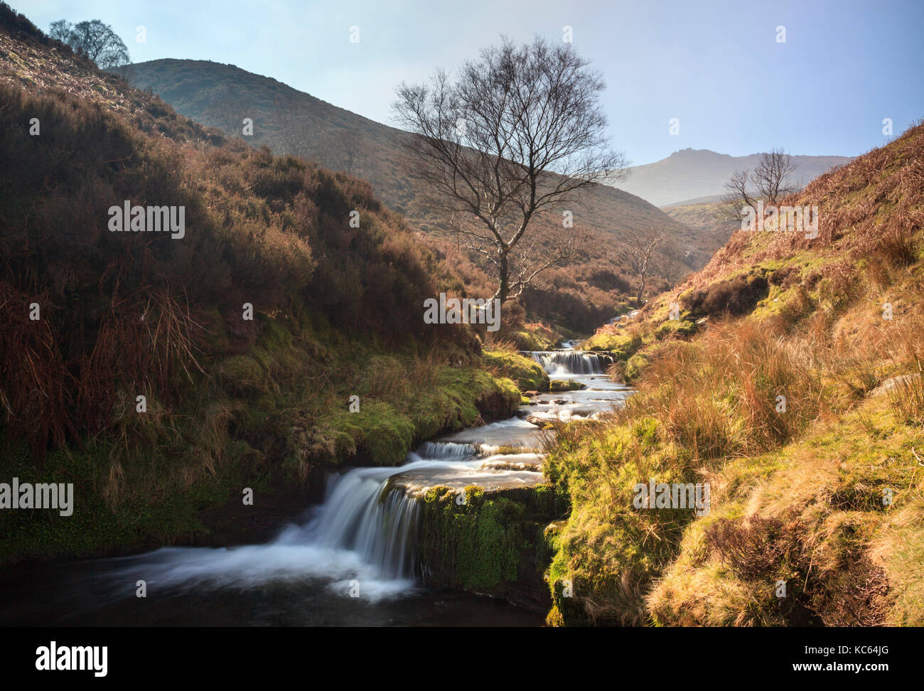 Fairbrook nel parco nazionale di Peak District con kinder scout in distanza. Foto Stock