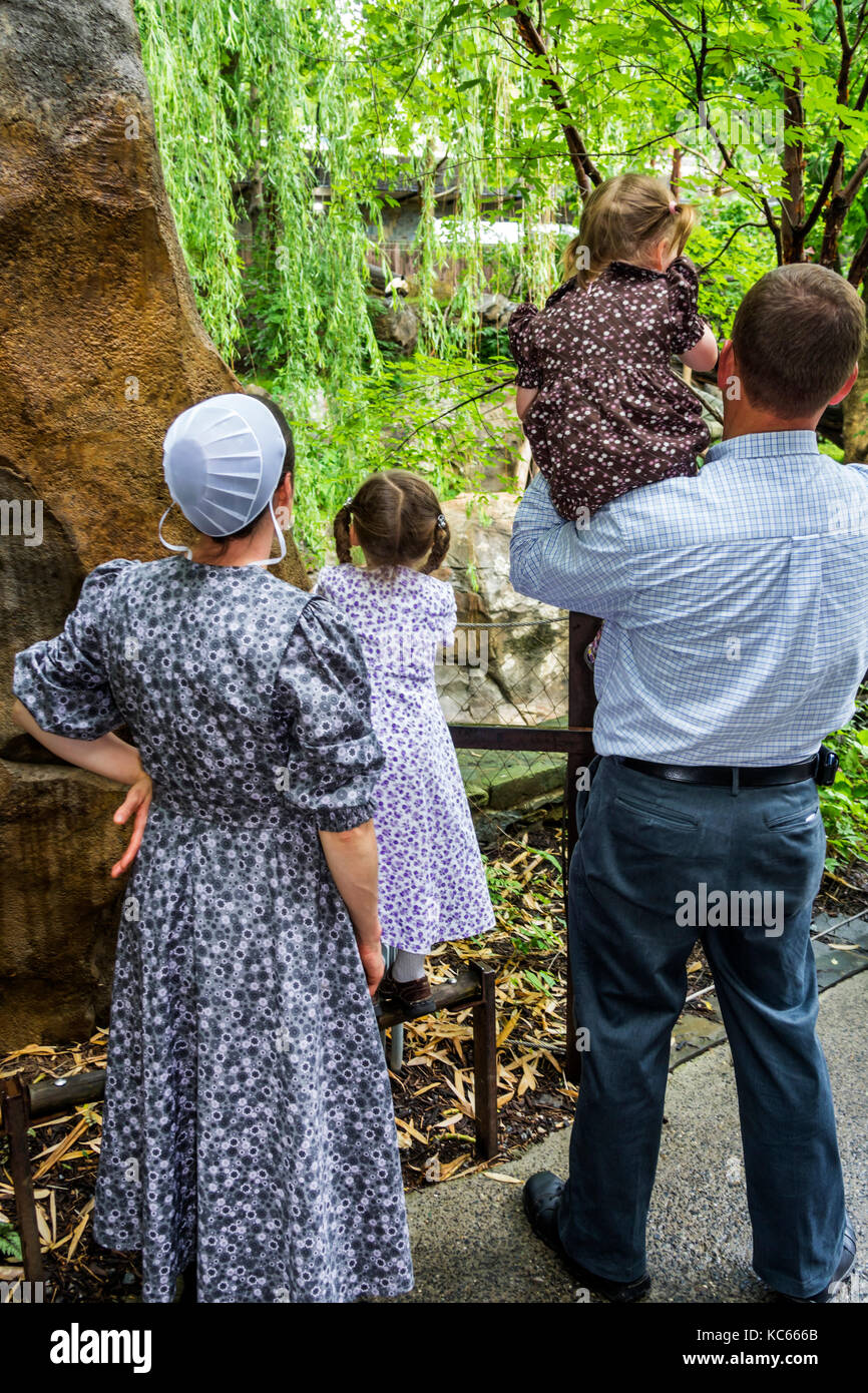 Washington DC,National Zoo,Giant Panda,mostra collezione Mennonite,famiglia genitori genitori bambini bambini,abito tradizionale,padre Foto Stock