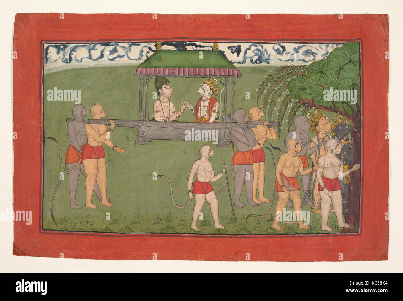 Lakshmana e Sugriva essendo portato da Palanquin per ricevere Rama le benedizioni, ca. 1710-25 Foto Stock