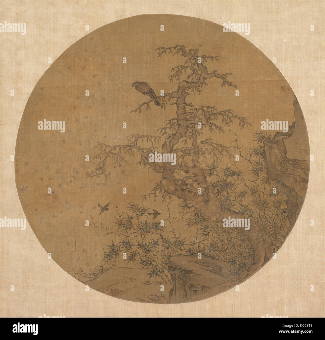 元/明 佚名 古木竹禽圖 團扇, vecchio albero, bambù e uccelli, non identificato artista cinese, tardo 14th-inizio del XV secolo Foto Stock