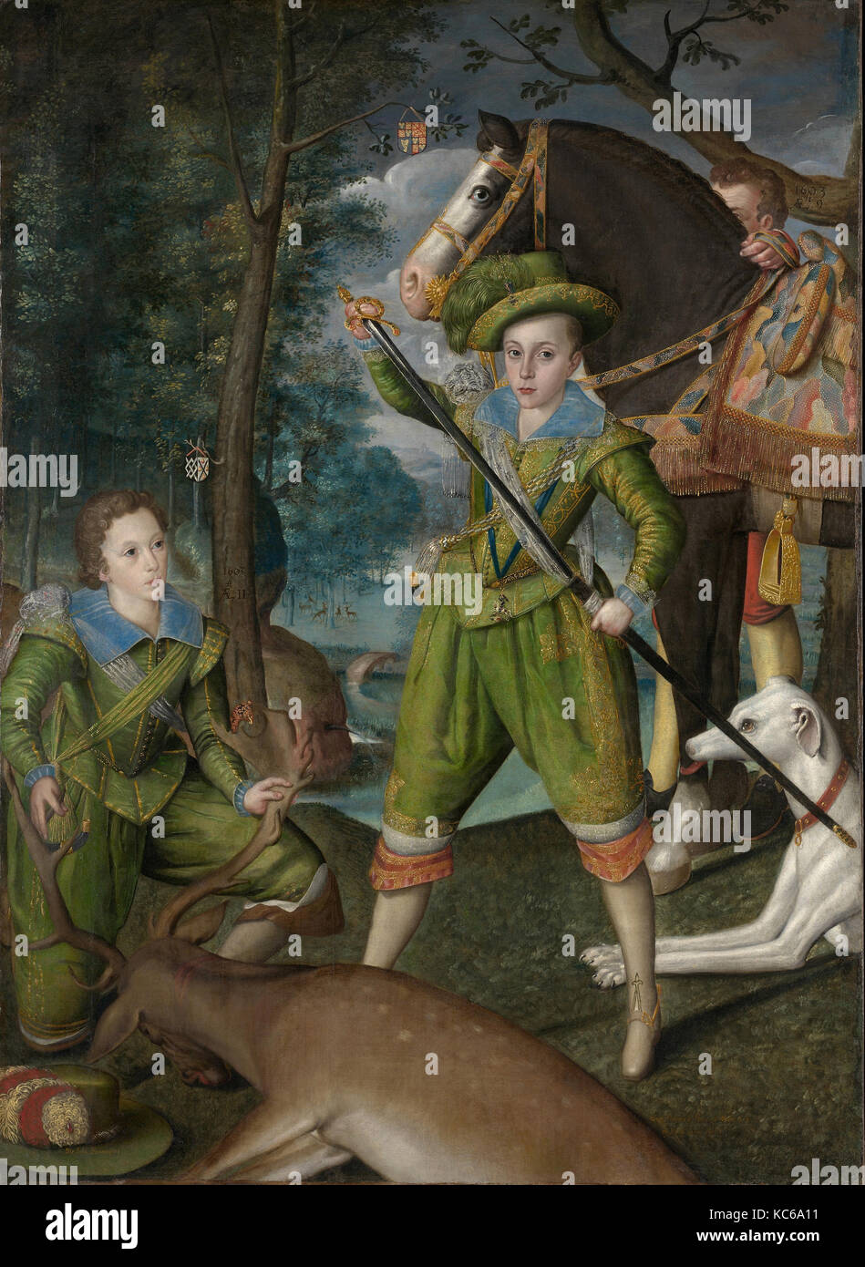 Henry Frederick (1594-1612), il Principe di Galles, con Sir John Harington (1592-1614), nel campo di caccia, Robert Peake il vecchio Foto Stock