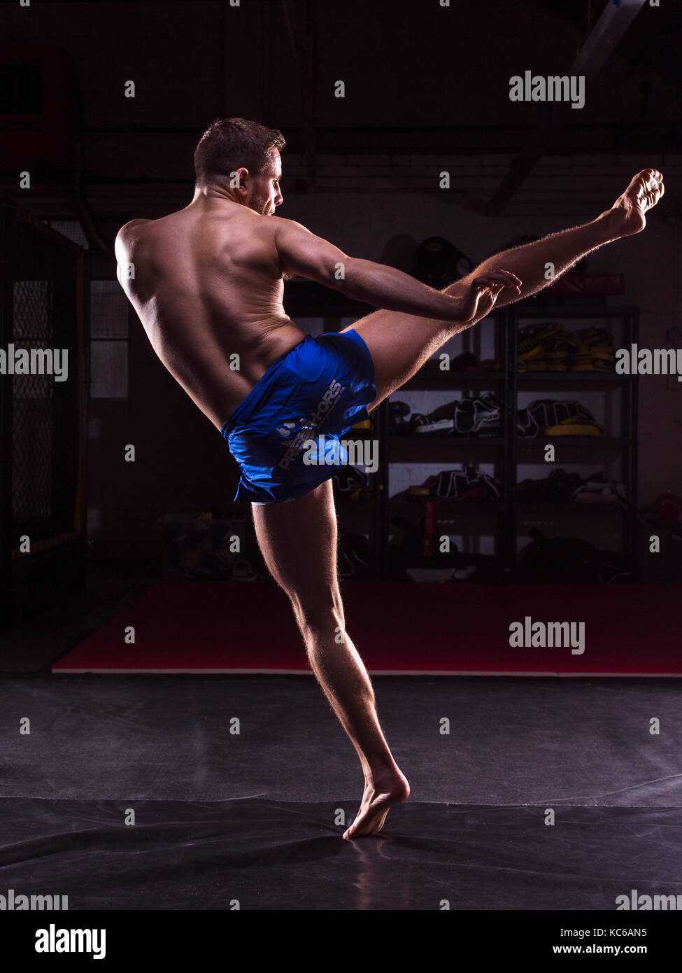 Un maschio di MMA fighter training calci e pugni in una palestra scuro Foto  stock - Alamy