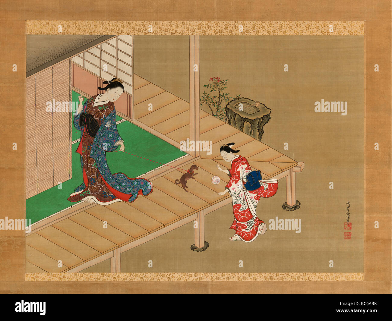 Cortigiana e Attendant giocando con un cane, Nishikawa Sukenobu, ca. 1716-1736 Foto Stock