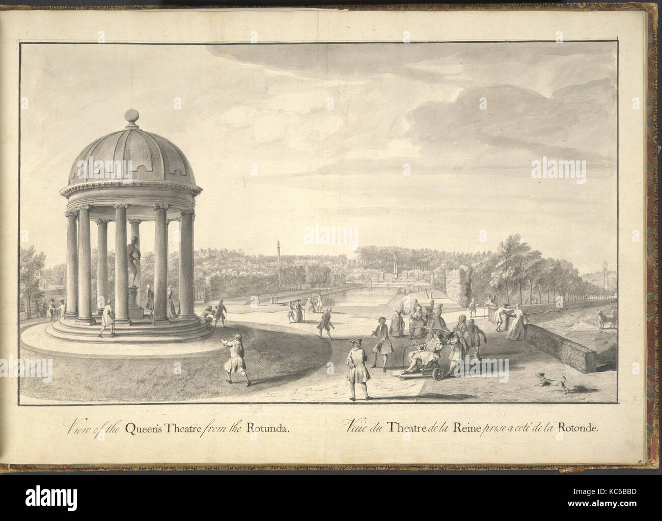 Vista del Queen's Theatre dalla rotonda a Stowe, Buckinghamshire, Jacques Rigaud Il duomo, ca. 1739 Foto Stock