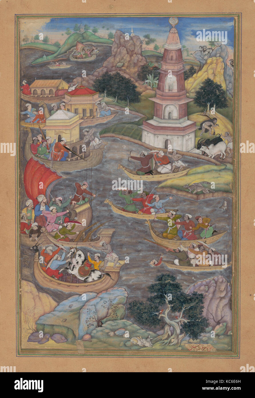 "Alexander combatte una battaglia del mare", Folio da una Khamsa (quintetto) di Amir Khusrau Dihlavi, Dharmadas, 1597-98 Foto Stock