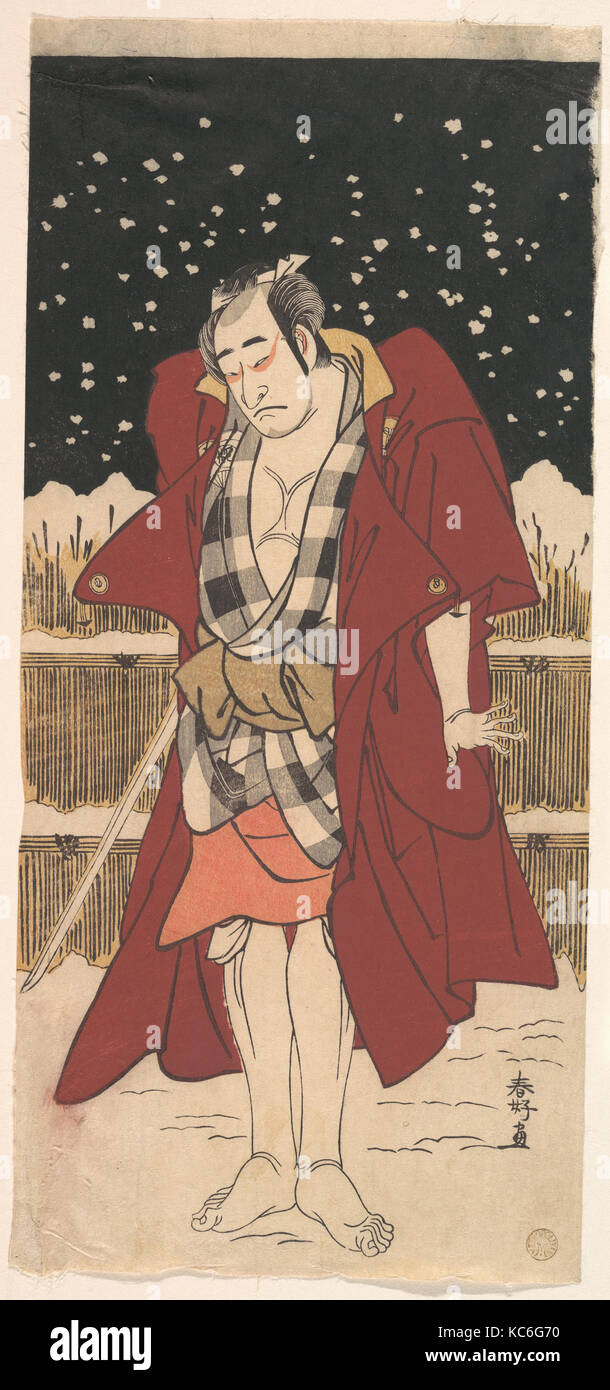 Onoe Matsusuke come uomo armato di spada, in piedi nella neve prima di una recinzione, Katsukawa Shunkō, 1786 Foto Stock