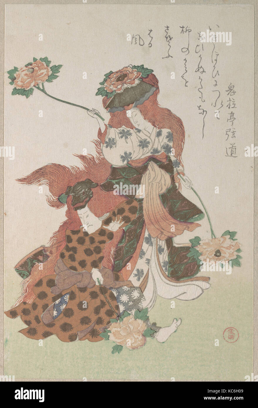 石橋物, due ballerini eseguono un "Shakkyōmono" danza Kabuki, dalla primavera pioggia Surimono Album (Harusame surimono-jō), vol. 3 Foto Stock