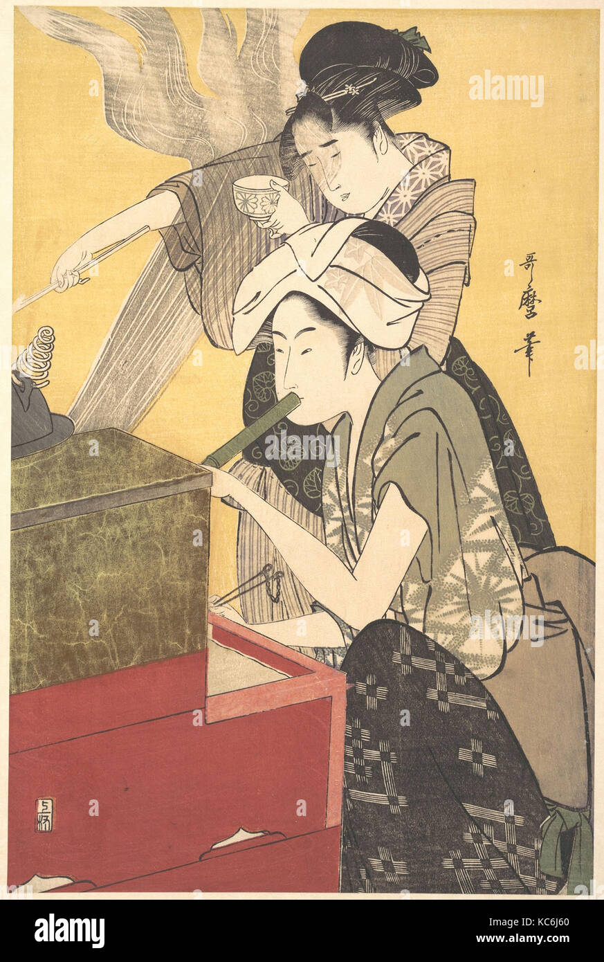 La cucina, periodo Edo (1615-1868), 1795, Giappone, destra foglio di un trittico di policromo woodblock stampe; inchiostro e colore Foto Stock
