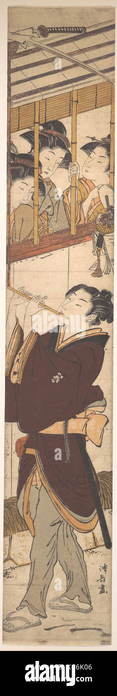 Un nuovo anno di scena, periodo Edo (1615-1868), Giappone, policromi woodblock stampa; inchiostro e colore su carta, complessivo: 28 1/4 x 4 13/16 Foto Stock