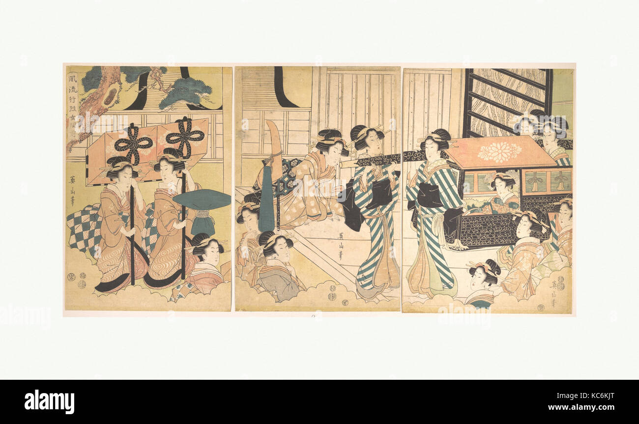Passeggiata di bellezza famoso accompagnati da molti assistenti femminili, Kikugawa Eizan Foto Stock