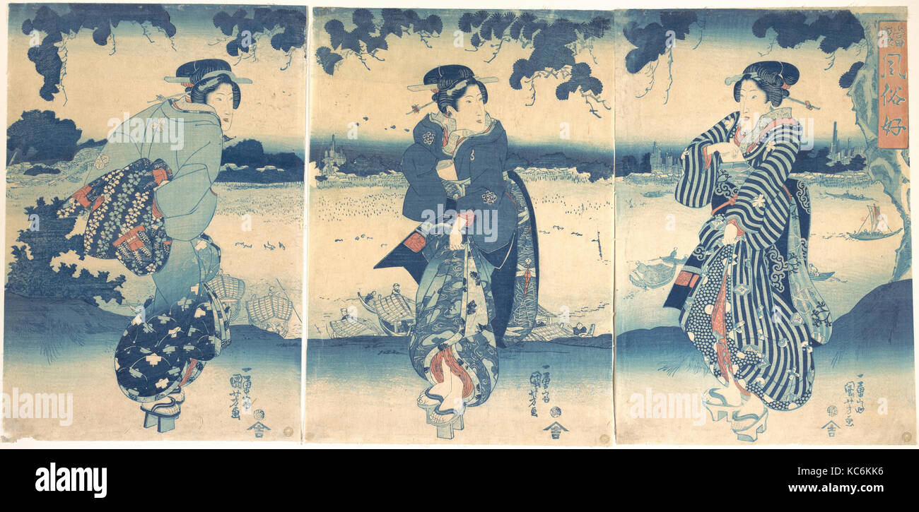 Le donne nei pressi di un fiume, periodo Edo (1615-1868), ca. 1850, il Giappone, il Trittico di policromo woodblock stampe; inchiostro, argento e colore Foto Stock