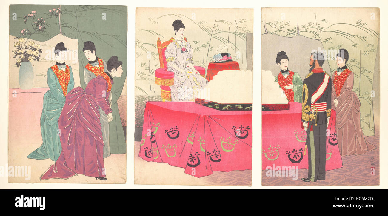 参謀本部行啓之図, illustrazione dell'Imperatrice visitando il generale dello Staff sede presente un vassoio di bende (Sanbō honbu Foto Stock