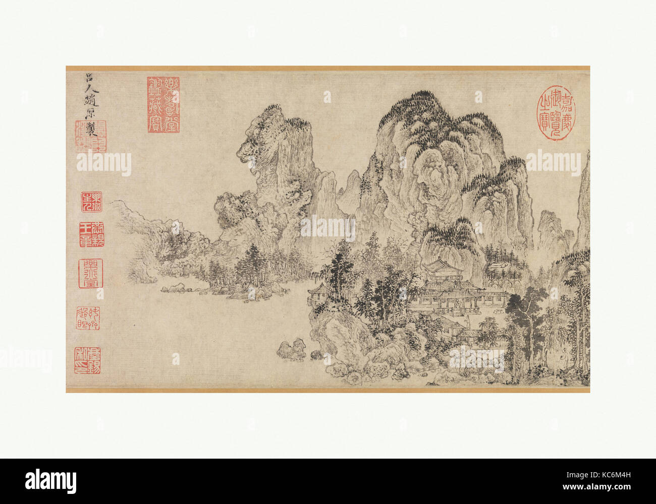 元 趙原 (元) 倣燕文貴范寬山水圖 卷, paesaggio nello stile di Yan Wengui e ventola Kuan, Zhao Yuan, tardo XIV secolo Foto Stock
