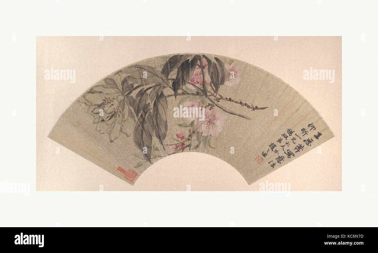 清 趙之謙 芍藥 桃花 扇面, Peach Blossoms e Peonia, Zhao Zhiqian, ca. 1860 Foto Stock