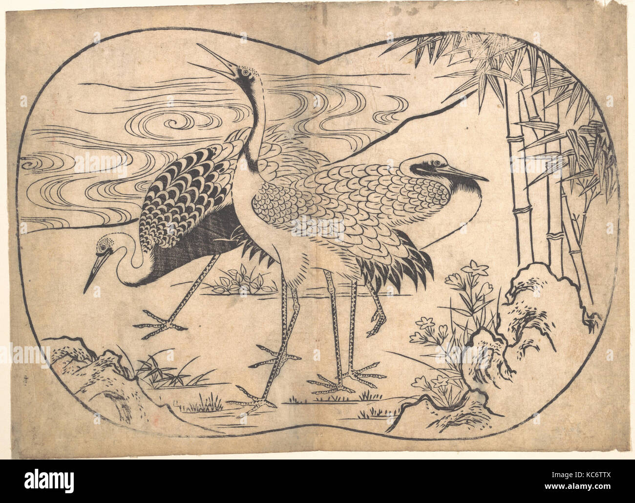 Gru, periodo Edo (1615-1868), Giappone, Monocromatico woodblock stampa; inchiostro su carta, 9 3/4 x 13 1/4 in. (24,8 x 33,7 cm), stampa Foto Stock