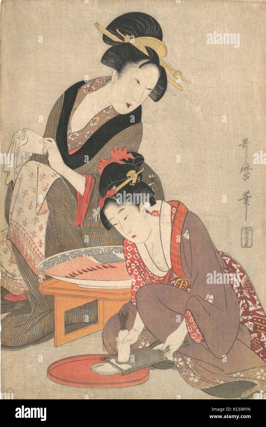 Le donne preparano il sashimi, periodo Edo (1615-1868), 1806-20, Giappone, policromi woodblock stampa; inchiostro e colore su carta, 15 x 10 Foto Stock