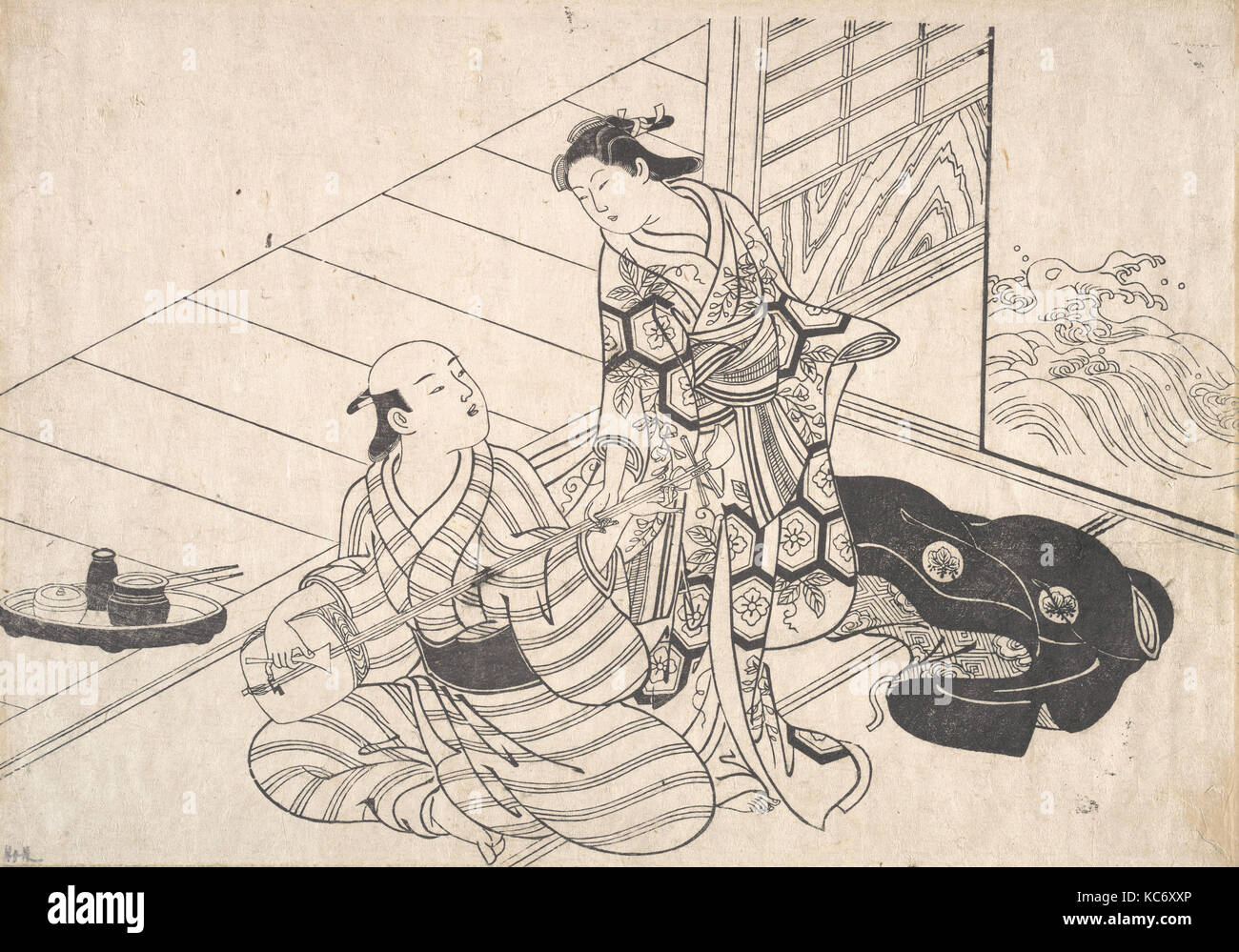 Signora interrompendo il suo amante, che sta giocando il Shamisen, Nishikawa Sukenobu Foto Stock