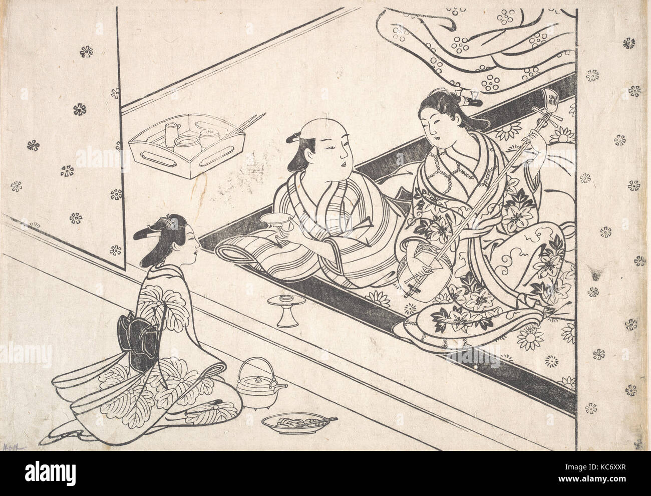 Lady Playing Shamisen, con il suo amante e Attendant nelle vicinanze, Nishikawa Sukenobu Foto Stock