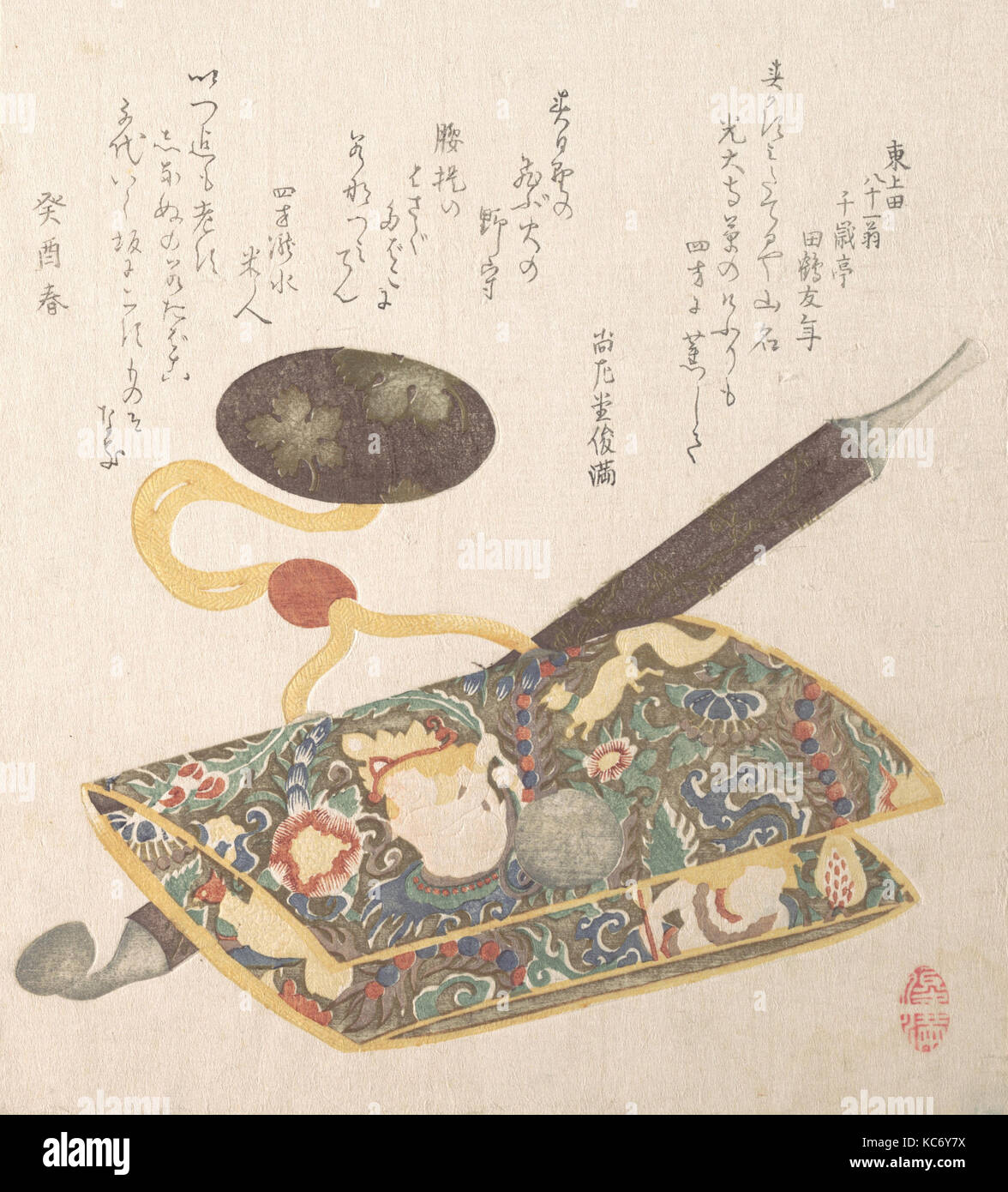 Custodia di tabacco e tubo, periodo Edo (1615-1868), 1813, Giappone, policromi woodblock stampa (surimono); inchiostro e colore su carta, 7 7 Foto Stock