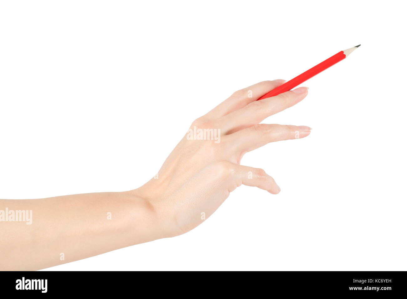 Donna di puntamento a mano qualcosa con la matita. isolato su bianco Foto Stock