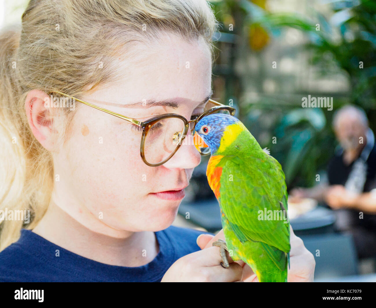 Giovane donna azienda rainbow lorikeet (trichoglossus haematodus moluccanus) Foto Stock