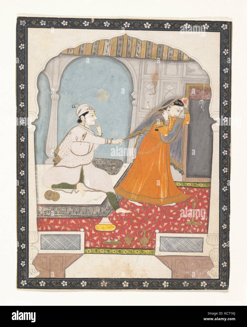 La timida sposa, ca. 1800, India (Punjab Hills, Kangra), inchiostro opaco, acquerelli e dorate su carta, 7 1/4 x 5 13/16 in. (18,4 x Foto Stock
