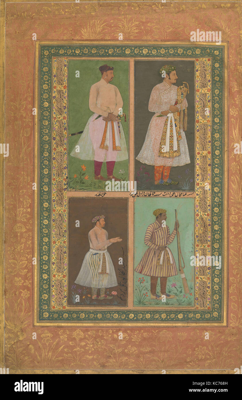 "Quattro Ritratti: (in alto a sinistra) un Raja (forse Raja Sarang Rao), da Balchand; (superiore destra) "Inayat Khan, da Daulat; (in basso a sinistra Foto Stock