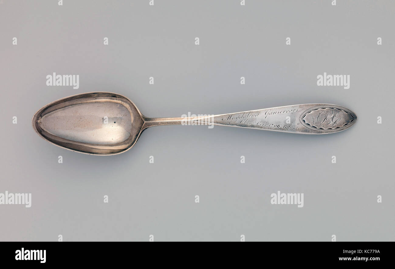 Cucchiaio da tavola, ca. 1796, realizzato in Albany, New York, Stati Uniti, American, argento, L. 8 7/8 in. (22,5 cm); 2 oz. 2 dwt. (65,6 g Foto Stock