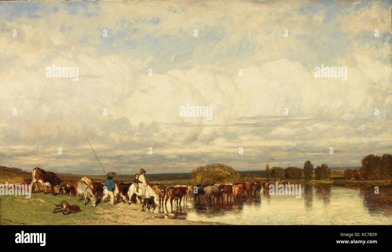 Vacche attraversamento di un guado, 1836, olio su tela, 14 1/4 x 24 5/8 in. (36,2 x 62,5 cm), dipinti, Jules Dupré (francese, Nantes 1811 Foto Stock