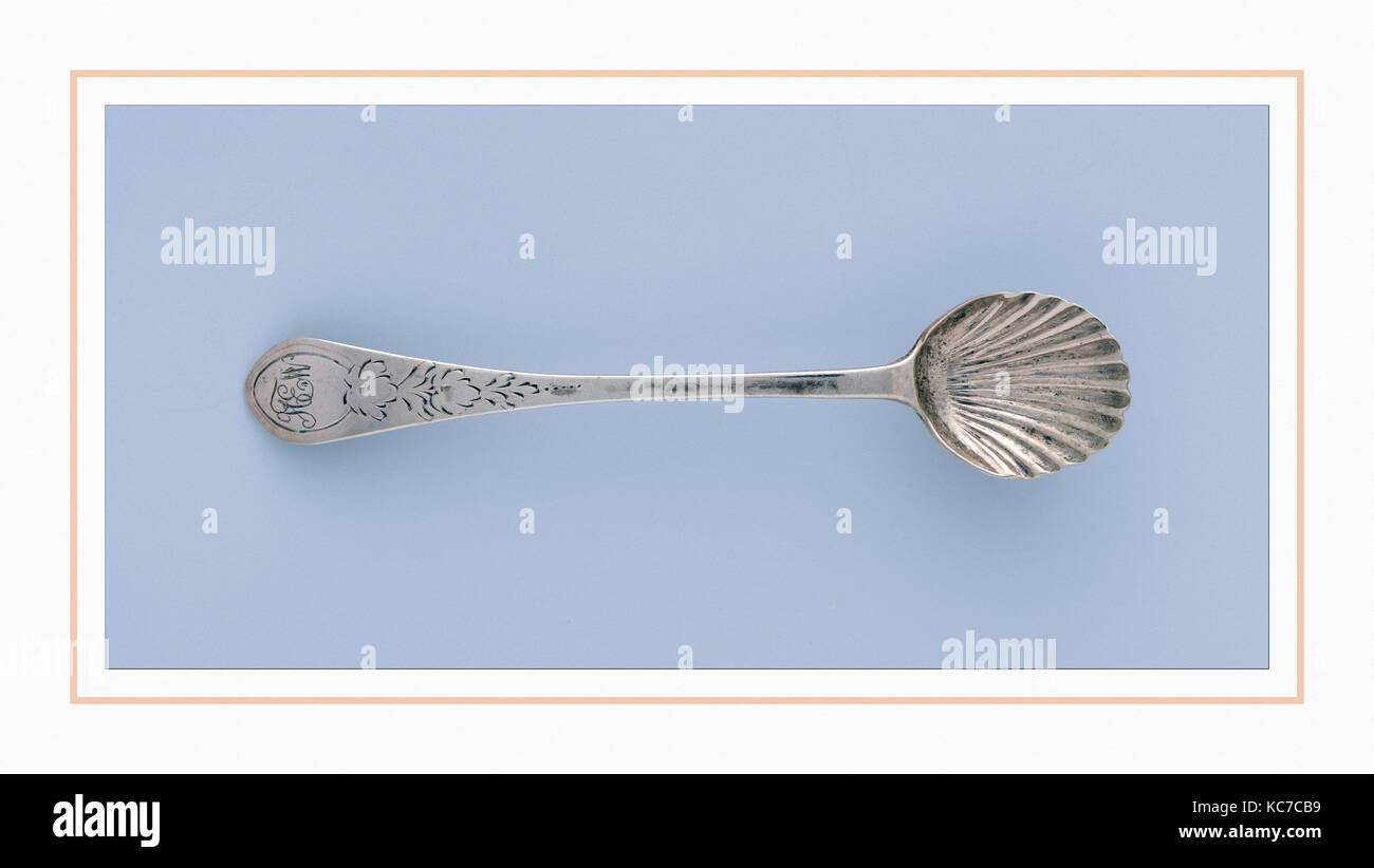 Cucchiaio di sale, 1790-1810, realizzata a Boston, Massachusetts, Stati Uniti, American, argento, L. 4 3/8 in. (11,1 cm), Argento, Paolo Foto Stock