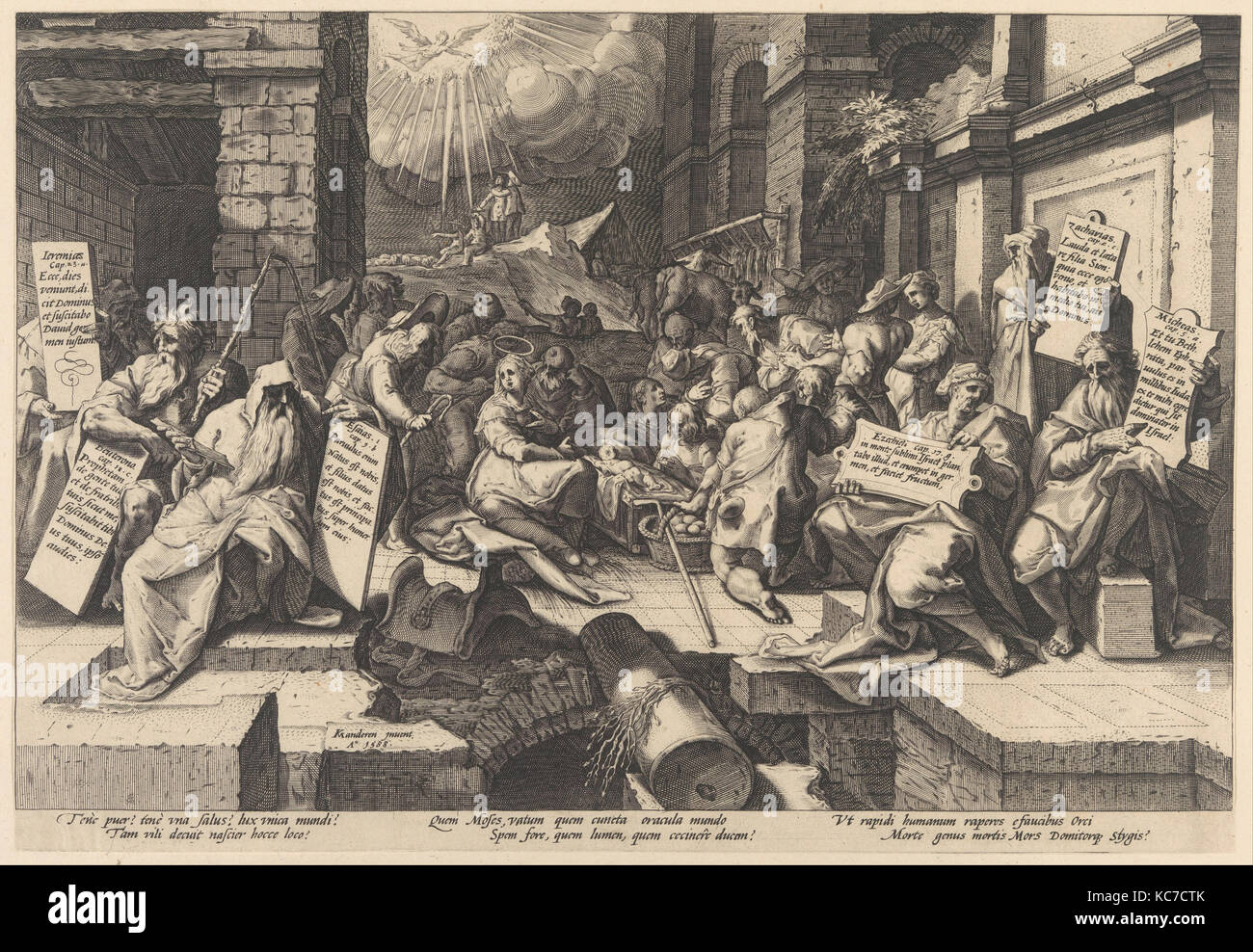La Adorazione dei pastori, circondato da Mosè e cinque Profeti, Jacob Matham, 1588 Foto Stock